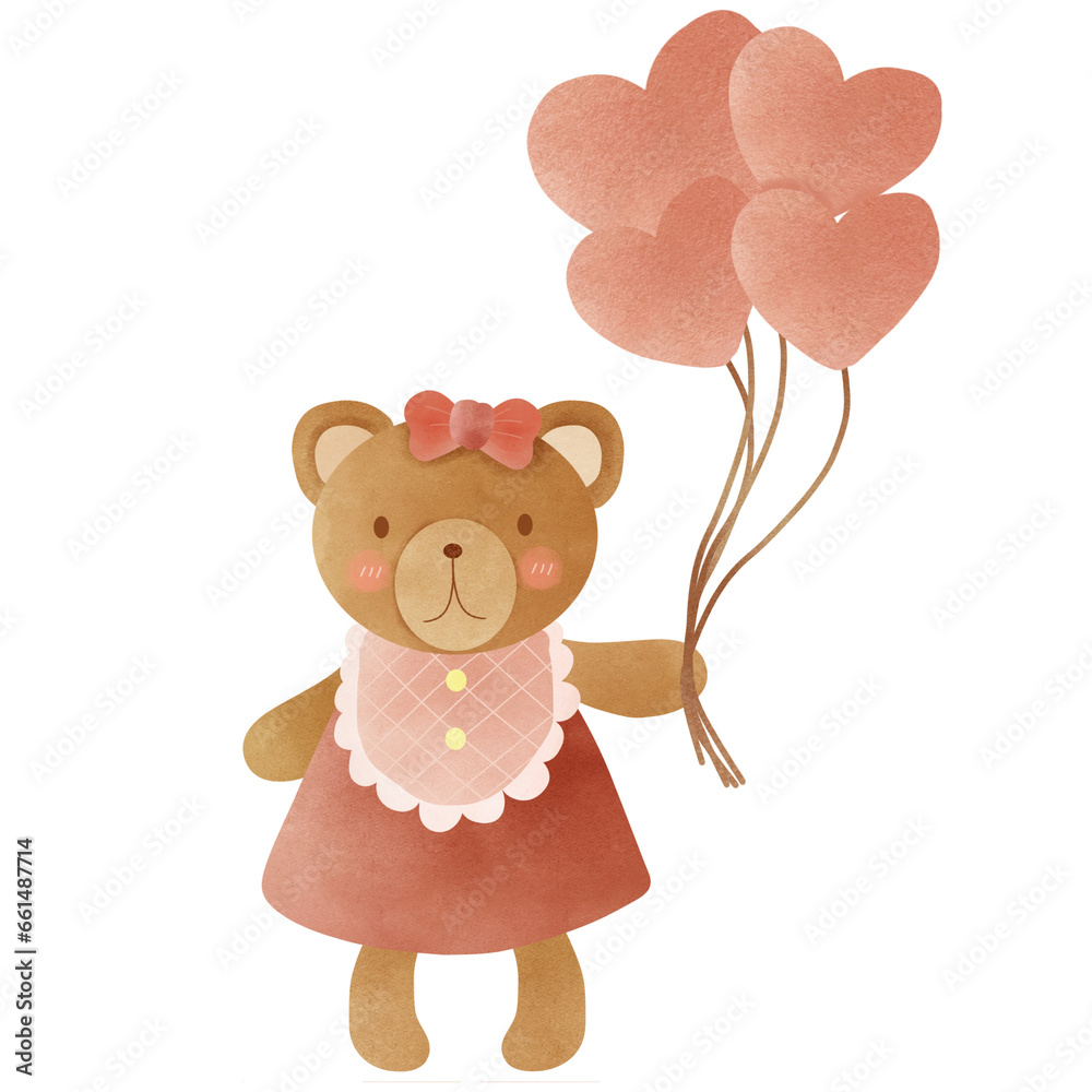 Fototapeta premium Cartoon little bear holding balloons on birthdays and various festivals.