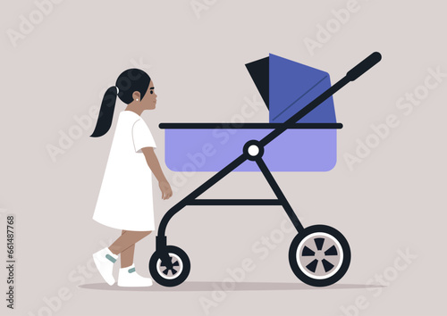 A young girl peering into a stroller, her expression filled with curiosity as she gazes at her newborn sibling