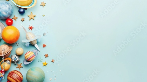 space for text on pastel background surrounded by kids toys from top view, background image, AI generated