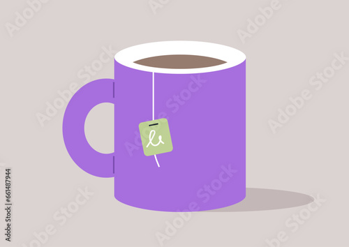 A mug with a tea bag steeping inside, symbolizing the preparation of a hot beverage