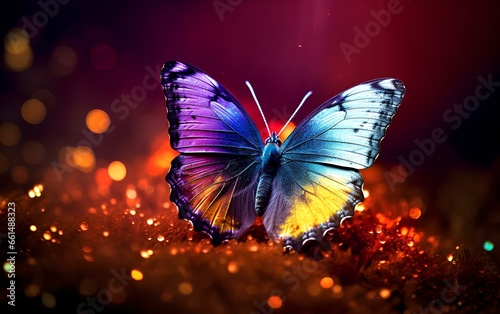 A beautiful butterfly illuminated by a bright iridescent light.