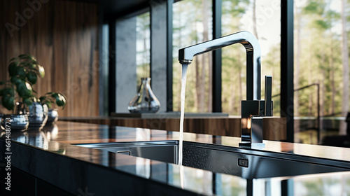 Modern kitchen with a tap on. Water waste concept photo