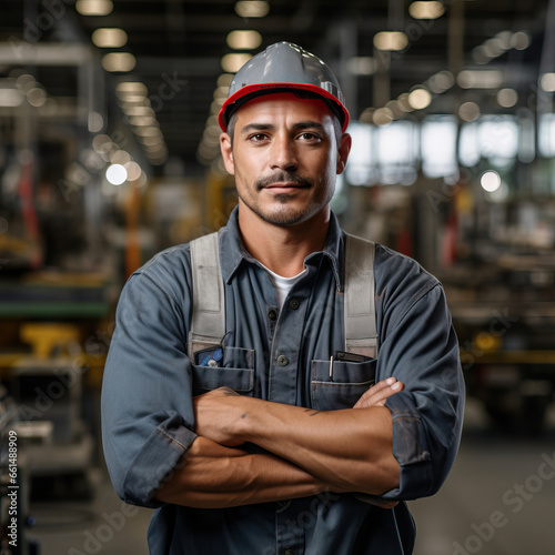 Candid shot of a confident male factory worker with arms crossed, industrial construction industry