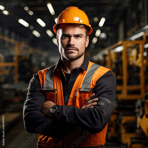 Candid shot of a  confident male factory worker with arms crossed, industrial construction industry
