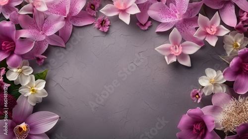 space for text on textured background surrounded by lily and orchid flowers from top view, background image, AI generated