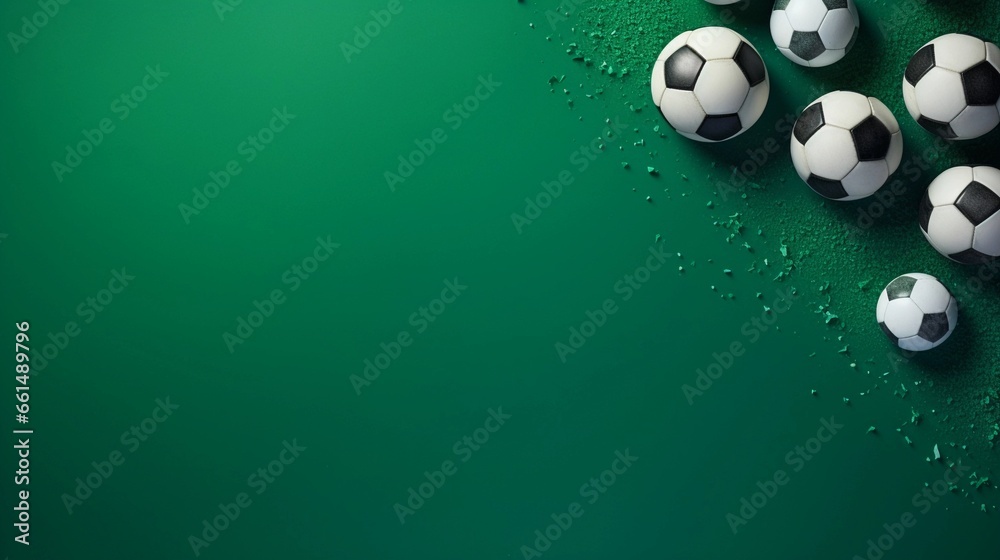 space for text on green textured background surrounded by soccer balls from top view, background image, AI generated space for text on green textured background surrounded by soccer balls from top view, background image, AI generated
