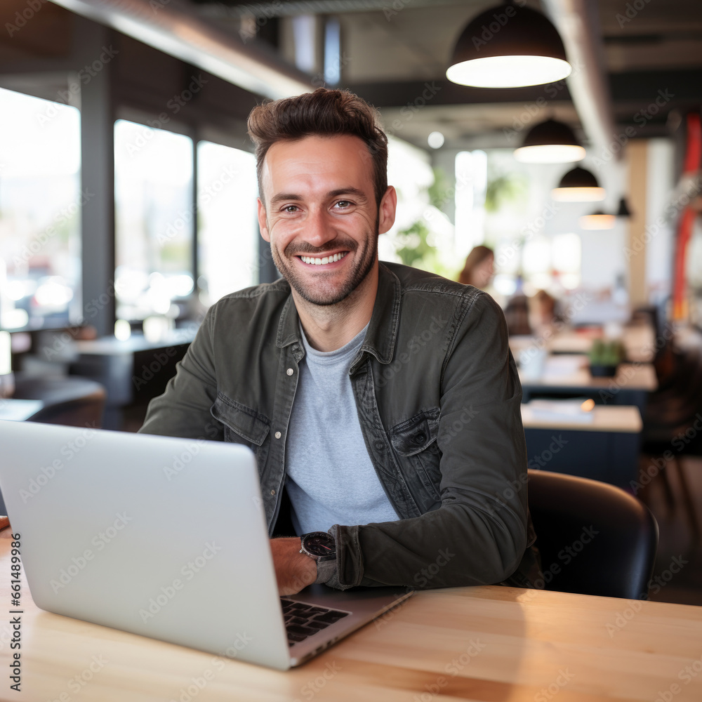 Casual shot of a smiling businessman behind his laptop at his working desk looking at the camera, daylight Casual shot of a smiling businessman behind his laptop at his working desk looking at the camera, daylight