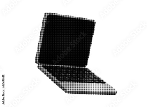 Trendy Halftone Computer vector illustration. Laptop for collage. Dotted pop art style. Retro element for banners and posters