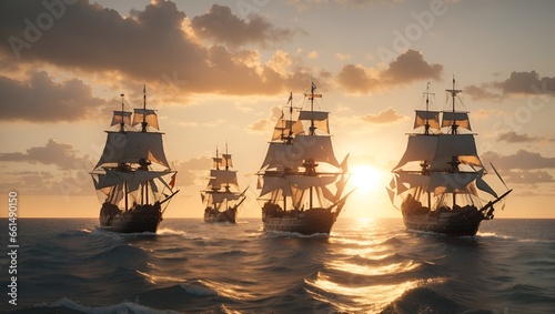 Medieval frigates at sea in the setting sun