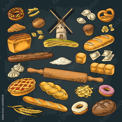 Set bread. Mill on wheat field. Vector color and black vintage engraving