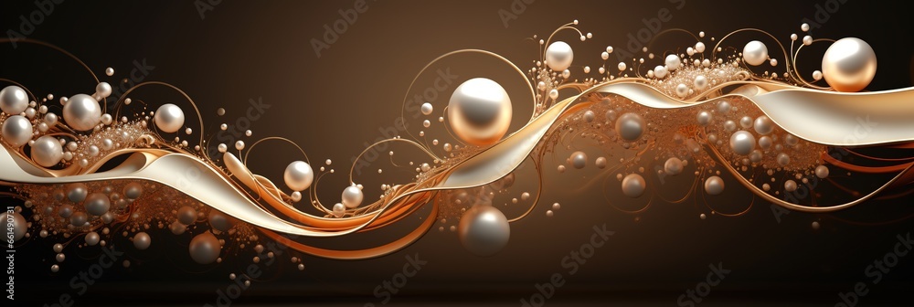 banner Gold pattern with pearls on black background, Fashion illustration, waves interweaving, Collection of jewelry, abstract design