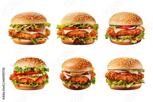 fresh crispy chicken burger collection isolated on a transparent background