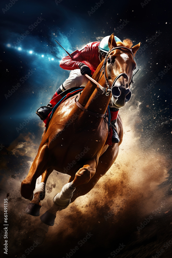 Naklejka premium illustration of fast horseman rider and horse at race on black background, equine sport and speed concept