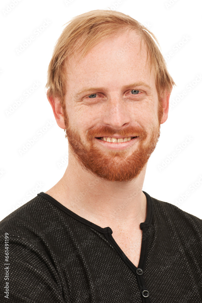 Face, portrait and happy with man and smile isolated against a white studio background. Closeup of male British person, ginger or model looking in confidence, happiness or ambition in casual fashion Face, portrait and happy with man and smile isolated against a white studio background. Closeup of male British person, ginger or model looking in confidence, happiness or ambition in casual fashion