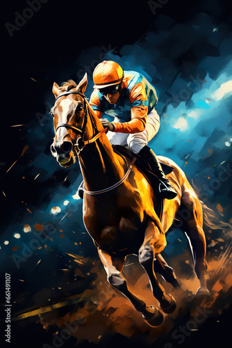 illustration of fast horseman rider and horse at race on black background, equine sport and speed concept © goami