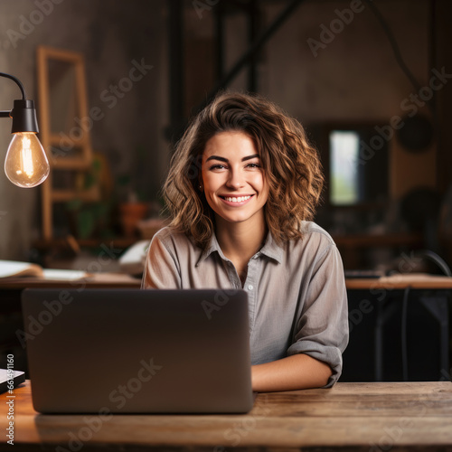 Free Download Casual shot of a smiling businesswoman behind her laptop at her working desk looking at the camera, daylight - GFXLoad