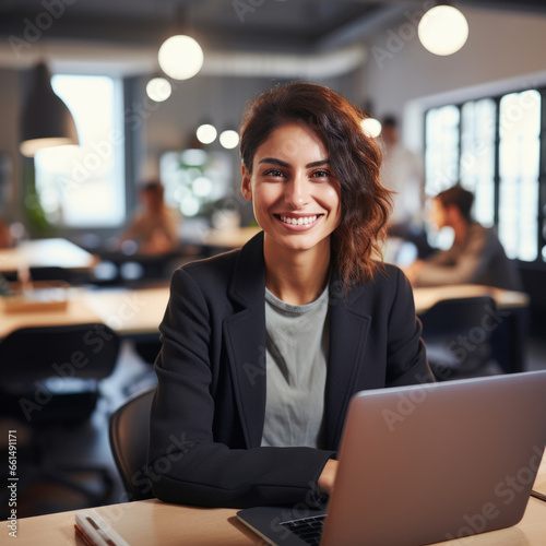 Casual shot of a smiling businesswoman behind her laptop at her working desk looking at the camera, daylight
