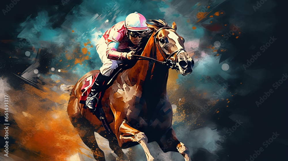 illustration of fast horseman rider and horse at race on black background, equine sport and speed concept illustration of fast horseman rider and horse at race on black background, equine sport and speed concept
