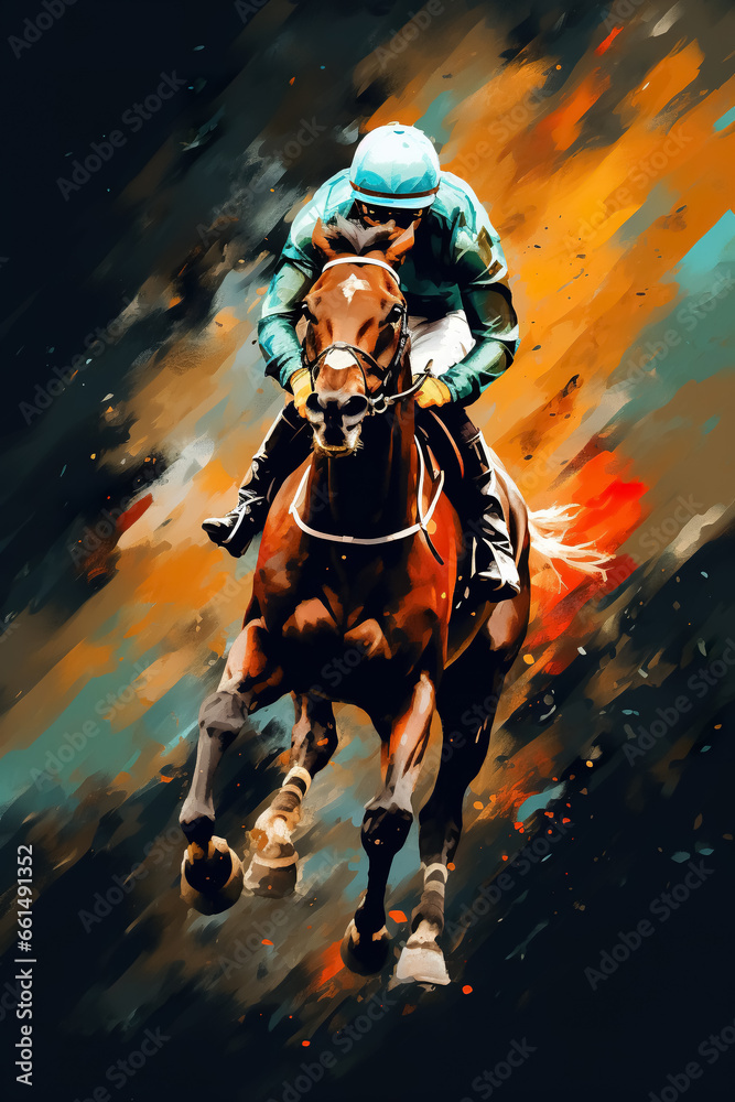 Fototapeta premium illustration of fast horseman rider and horse at race on black background, equine sport and speed concept
