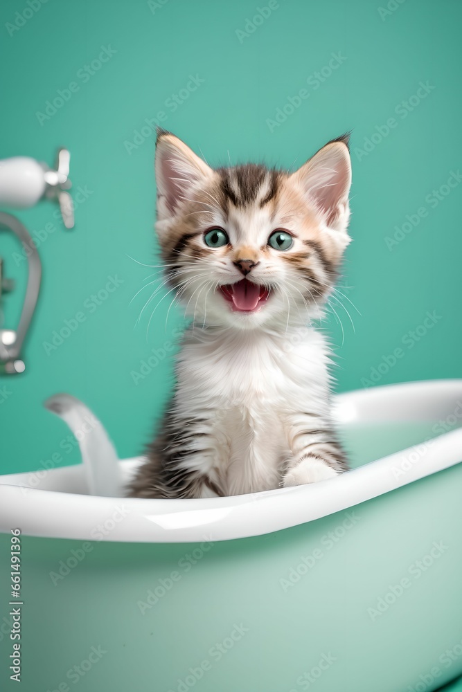 Pets-baths are fun. A kitten in a bathtub with a happy and playful expression. Generative AI