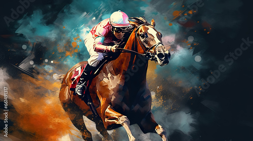 illustration of fast horseman rider and horse at race on black background, equine sport and speed concept