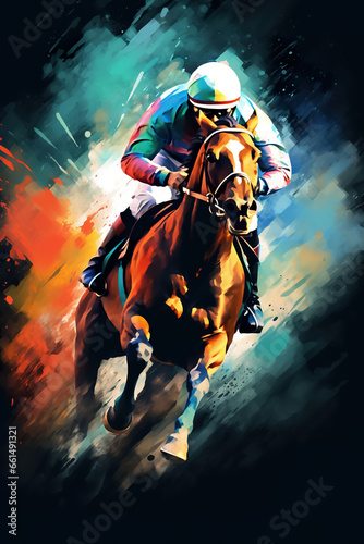 illustration of fast horseman rider and horse at race on black background, equine sport and speed concept