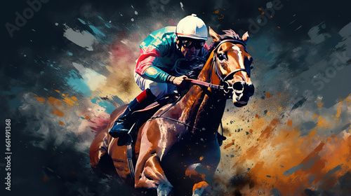illustration of fast horseman rider and horse at race on black background  equine sport and speed concept