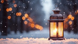 Christmas Lantern On Snow With Defocused background