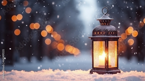 Christmas Lantern On Snow With Defocused background