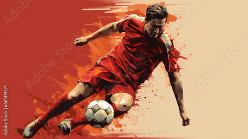 colorful illustration of soccer player kick ball with foot, creative poster concept, football competition banner
