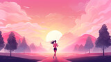 illustration of young beautiful woman running at nature at sunset, in style of pink cartoon