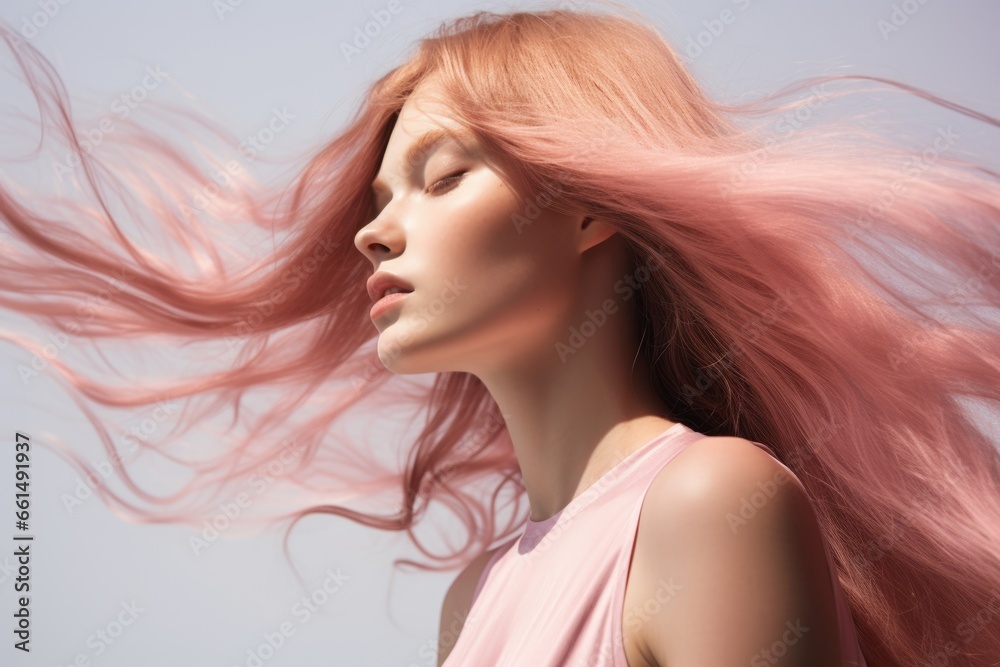 Portrait of a cute young girl with long pink hair on a blue background. Portrait of a cute young girl with long pink hair on a blue background.