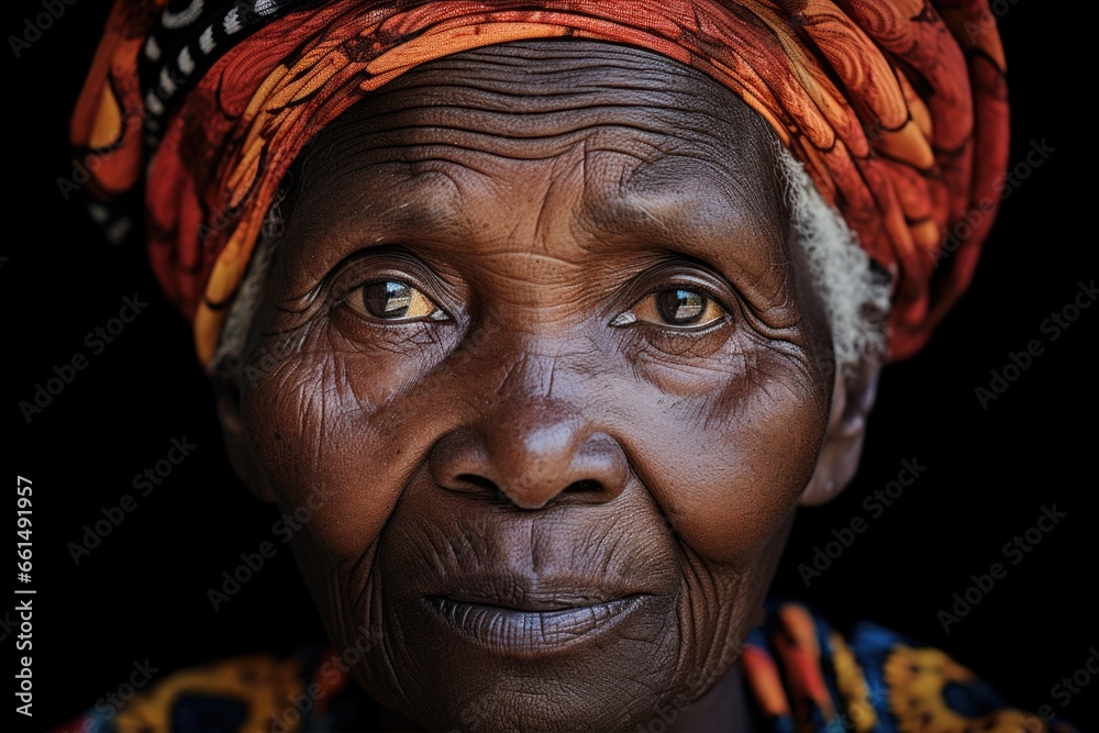 Portrait of an elderly African woman in traditional attire on a black background, close-up.