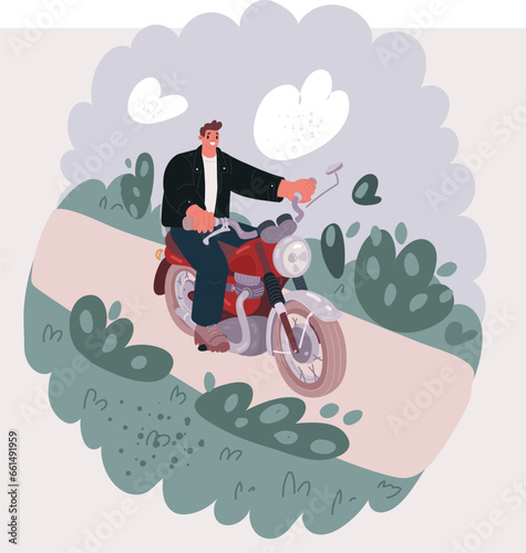 Vector illustration of Man sitting on a motorcycle, wearing jeans and a black jacket, fastening his helmet