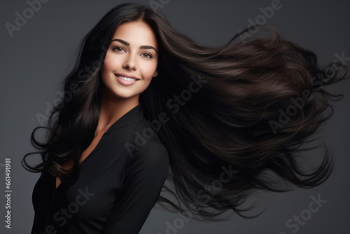 Billede på lærred Portrait of smiling brunette with long chic hair on gray background