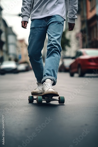 young man in sneakers practice with skate board, skateboard sport concept, skateboarding workout