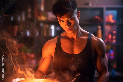Asian handsome young chef cooks in the kitchen, cooking food in a restaurant over an open fire