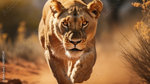 Lioness in full flight hunting for food. Generative AI © Ilugram