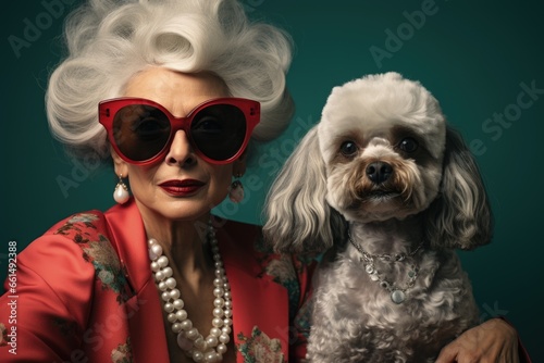 Portrait of an elegant elderly lady in glasses with her pet poodle. Generative AI © Ilugram