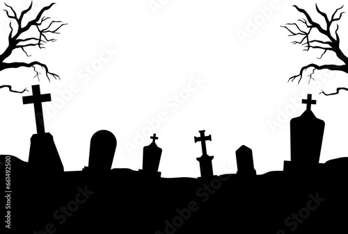 Halloween silhouette background with trees, tombstones, Cemetery in forest.