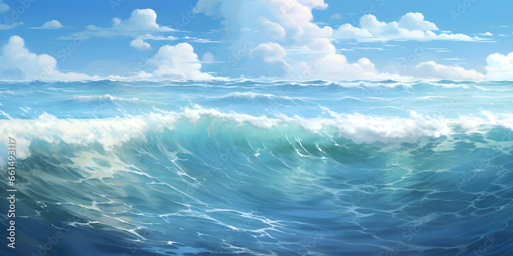 Ocean in blue and white in the style of anime art 