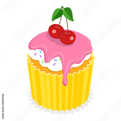 3D Isometric Flat Vector Set of Sweet Cupcakes  Desserts for Pastry. Item 4