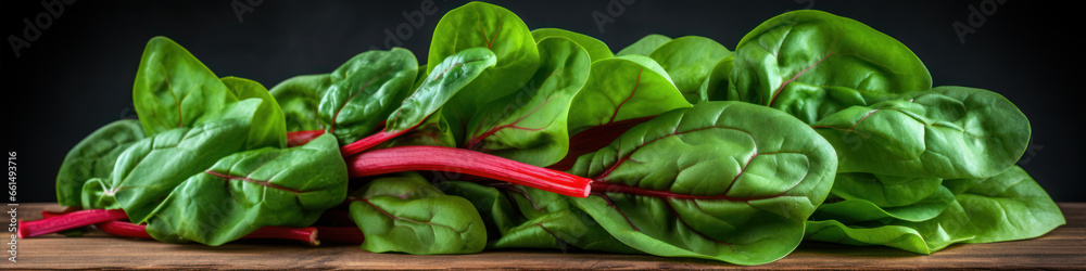 Fresh spinach leaves on wooden board over black background. Healthy food concept. - obrazy, fototapety, plakaty 