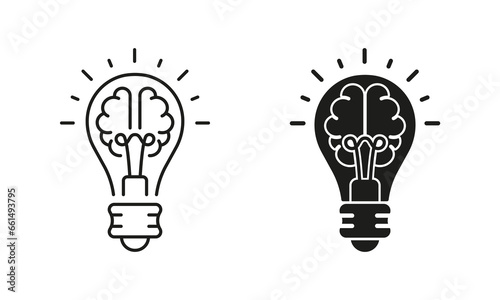 Inspiration, Creative Idea Symbol Collection on White Background. Knowledge, Smart Solution Line and Silhouette Icon Set. Light Bulb and Human Brain Pictogram. Isolated Vector Illustration