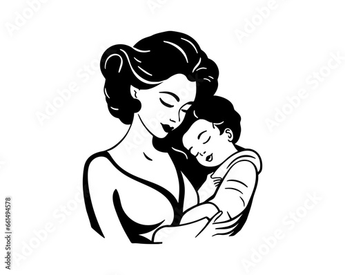 Woman holding baby in her arms. Happy mother's day. Greeting card for moms. Vector illustration.