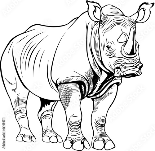 Rhinoceros Hand Drawn Realistic Detailed Coloring Book Animal Illustrations