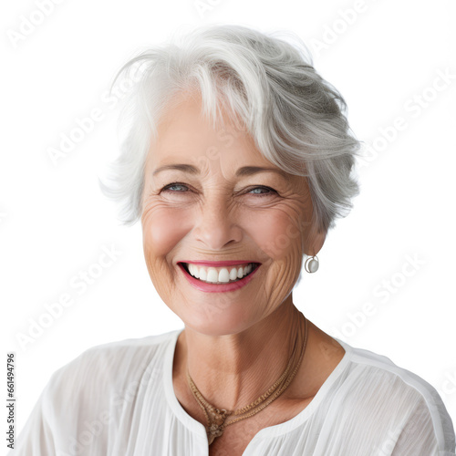 a closeup photo portrait of a beautiful elderly senior model woman with grey hair smiling with clean teeth. used for a dental ad. isolated on white background
