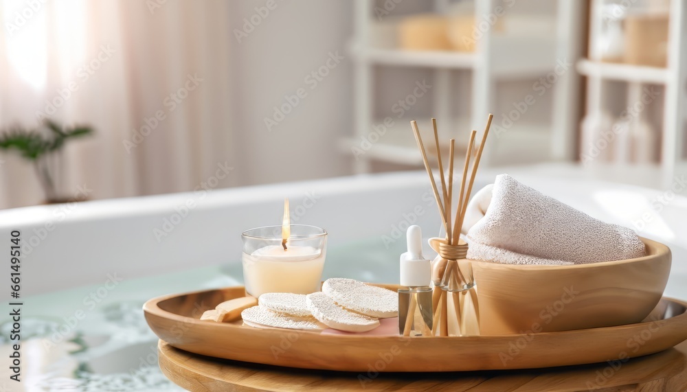 Wooden bath tray with candle and bathroom amenities on tub indoors - obrazy, fototapety, plakaty 