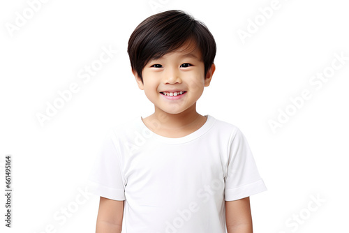 Studio portrait of a cute happy Asian boy with a beautiful smile isolated on transparent png background.