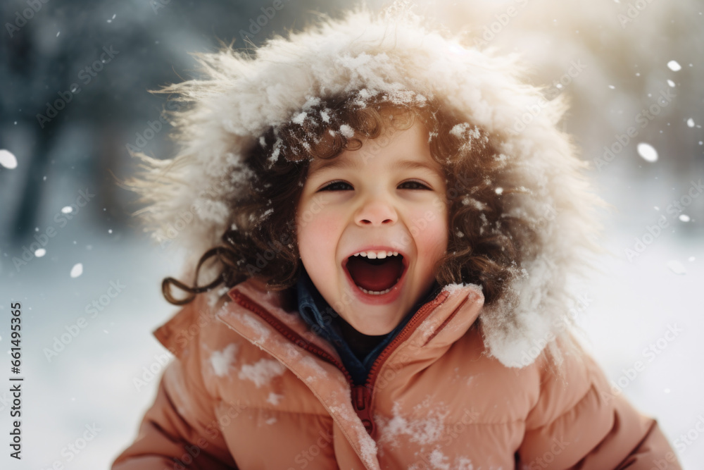 Close-up portrait of happy little child in winter.